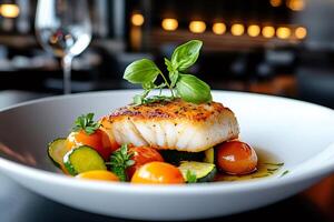Delicious grilled cod fillet resting on zucchini and cherry tomatoes, garnished with basil, in elegant restaurant setting photo