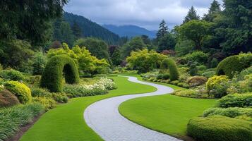 Winding path inviting visitors to explore lush green Butchart Gardens photo
