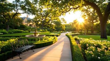 Sun shining through trees in a beautiful garden with a fountain photo