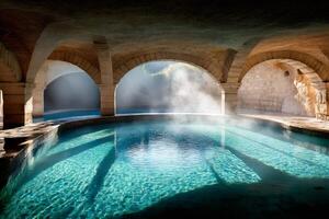 Thermal water flowing in ancient stone pool under arches creating a steamy atmosphere photo