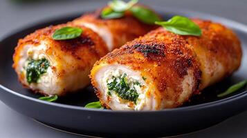 Delicious chicken rolls stuffed with spinach and feta cheese, garnished with basil, resting on a black plate photo