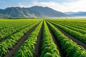 Sesame field growing in fertile soil with mountains in background photo
