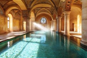 Sunlight illuminating empty thermal bath in ancient building photo