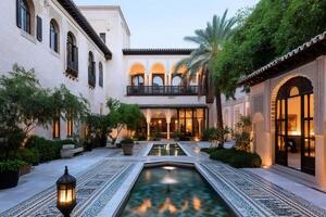 Moorish courtyard with illuminated pool at dusk in Granada, Spain photo