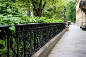 Decorative cast iron fence bordering lush green vegetation in a city park photo