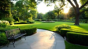Sun shining over a beautiful green park with a bench, fountain and paved path photo