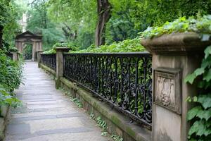 Ornate wrought iron fence bordering pathway leading to stone arch in lush green park photo