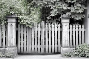 Old white wooden fence with climbing plants growing on it photo