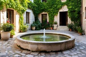 Charming courtyard with fountain surrounded by lush vegetation photo