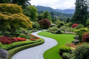 Winding path meandering through colorful Butchart Gardens in Victoria, British Columbia photo