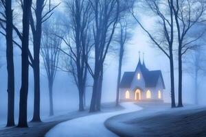 Winding path leading to illuminated church in foggy forest at dusk photo