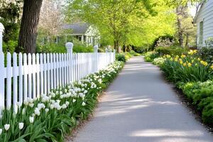 Beautiful path with white tulips and yellow daffodils bordering a white picket fence in a residential area photo