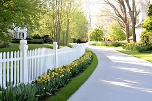 White picket fence bordering a driveway in a luxurious residential neighborhood photo