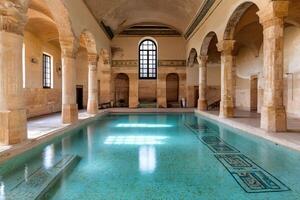 Ancient Arab Baths showing turquoise tiled pool and stone columns photo