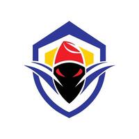 Shield with wings and crown design featuring a sword and face mask illustration in a cartoon style with red accents, symbolizing strength and protection vector