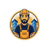 A retro cartoon illustration of a black man wearing a helmet and holding a suitcase, accompanied by another man with a helmet and shield, representing a worker in construction vector