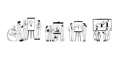 Diverse business teams in brainstorming sessions, presenting ideas and strategies. vector