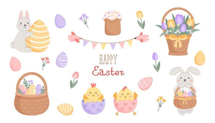 Cute Easter set. Spring collection of animals, flowers and decorations.