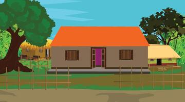 a cartoon house with a fence and trees vector