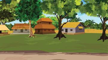 2d cartoon village scene with a hut and trees vector