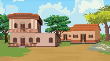 2D cartoon village background 2d Forest scene with various forest trees vector