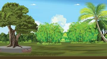 a cartoon scene of a park with trees and grass vector