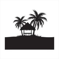 A monochrome image of a small beach cabin with palm trees silhouette vector