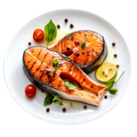 Two pieces of salmon are on a plate with herbs png