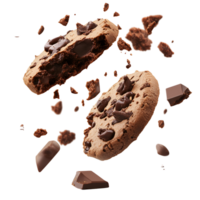 Two chocolate chip cookies are falling to the ground png