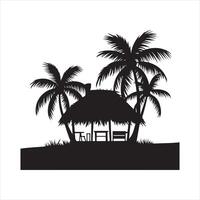A monochrome image of a small beach cabin with palm trees silhouette on white background vector