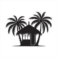 A monochrome image of a small beach cabin with palm trees silhouette white background vector