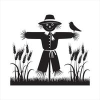 Scarecrow in a field with a bird perched its arm Silhouette vector