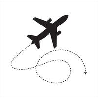 Black Airplane route.Travel from start point and dotted line tracing silhouette vector