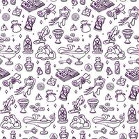 pattern of magical objects in the style of purple contour doodles. Witch. The gradient. Seamless. Suitable for fantasy projects, books, games, and artwork related to magic and mystical rituals vector