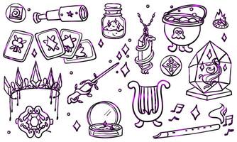 A set of purple contoured doodle style magic items. Magic. Monochrome. Suitable for fantasy projects, books, games, and artwork related to magic, alchemy, and mystical rituals. Purple gradient vector