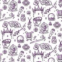 pattern of magical objects in the style of purple contour doodles. Witch. The gradient. Suitable for fantasy projects, books, games, and artwork related to magic and mystical rituals. Seamless vector