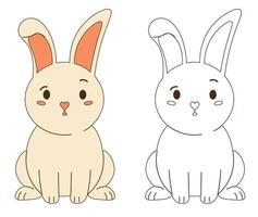 Flat style illustration of a cute bunny rabbit with full color and outline versions, perfect for coloring pages, childrens books, educational designs, and Easter-themed projects. vector