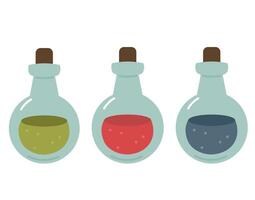 Flat style illustration of three magic potion bottles in green, red, and blue, ideal for fantasy-themed projects, games, and whimsical design elements. vector