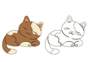 Flat style illustration of a sleeping cat in color and outline versions, ideal for coloring pages, childrens books, pet designs, and cozy-themed projects. vector
