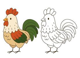 Flat style illustration of a colorful rooster with a matching black and white version, perfect for childrens books, farm-themed activities, and educational design projects vector