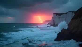 A lightning bolt strikes through the clouds over the ocean photo