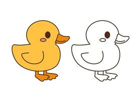Flat style illustration of a cute duckling in color and outline versions, ideal for childrens books, printable coloring pages, and farm-themed designs. vector