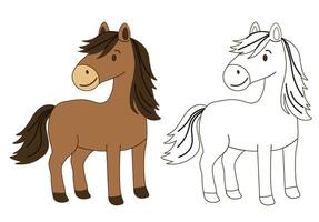Flat style illustration of a cute horse with full color and outline versions, perfect for coloring pages, childrens books, farm-themed designs, and educational projects. vector