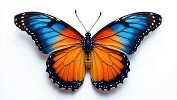 A large orange and blue butterfly is on a white background photo