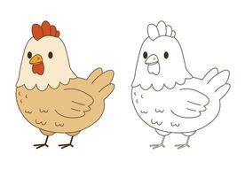 Flat style illustration of a cute chicken in color and outline versions, ideal for farm-themed designs, childrens books, and coloring pages. vector