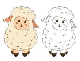 Flat style illustration of a cute sheep with fluffy wool and a matching outline version, ideal for childrens coloring pages, farm-themed designs, and educational projects vector