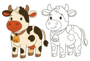 Flat style illustration of a cartoon cow in color and outline versions, ideal for coloring books, farm-themed designs, kids projects, and educational materials. vector