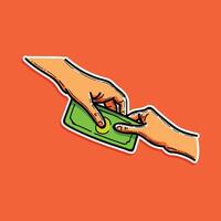 Artwork displays two hands exchanging money, symbolizing a financial transaction or donation, depicted in a simplified, vibrant design. vector