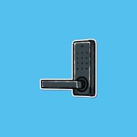 Illustration of a modern smart door lock with digital keypad featuring a sleek black design against a bold blue background, emphasizing innovation and secure technology. vector