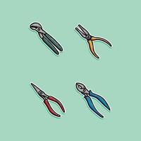 Illustration displaying assorted hand tools, particularly various pliers, on a mint green background. Graphic designs or showcasing tools related to hardware, repair, crafting, and maintenance. vector